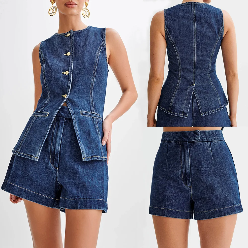 Mandylandy Summer Sleeveless Two Piece Sets Women Denim Single Breasted O-Neck Tops Shorts Pants Suit Streetwear New Outfits