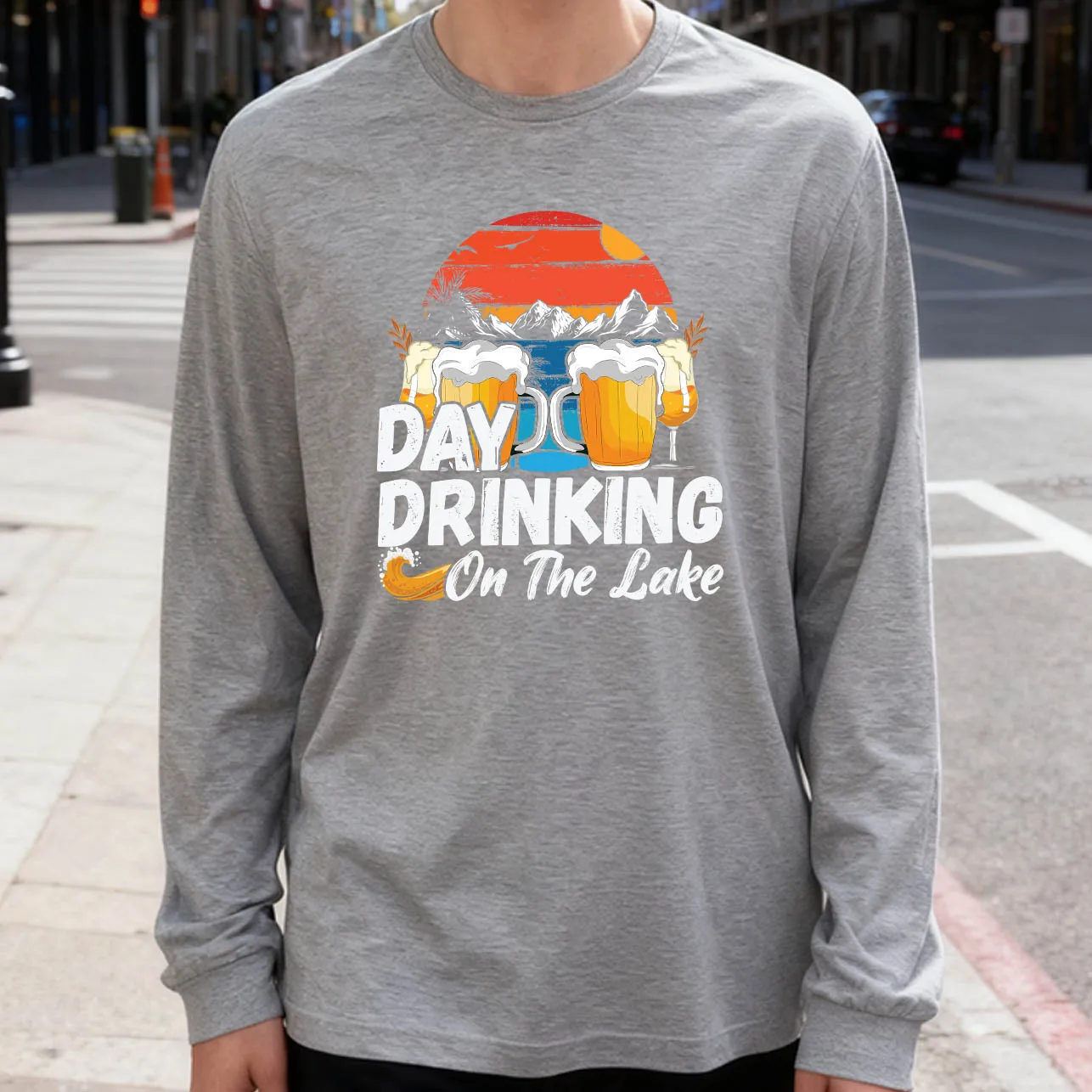 Day Drinking on the Lake Men's Long Sleeve T-Shirt 180g 100% Cotton Printed Crew Neck Casual Daily Wear Soft and Breathable