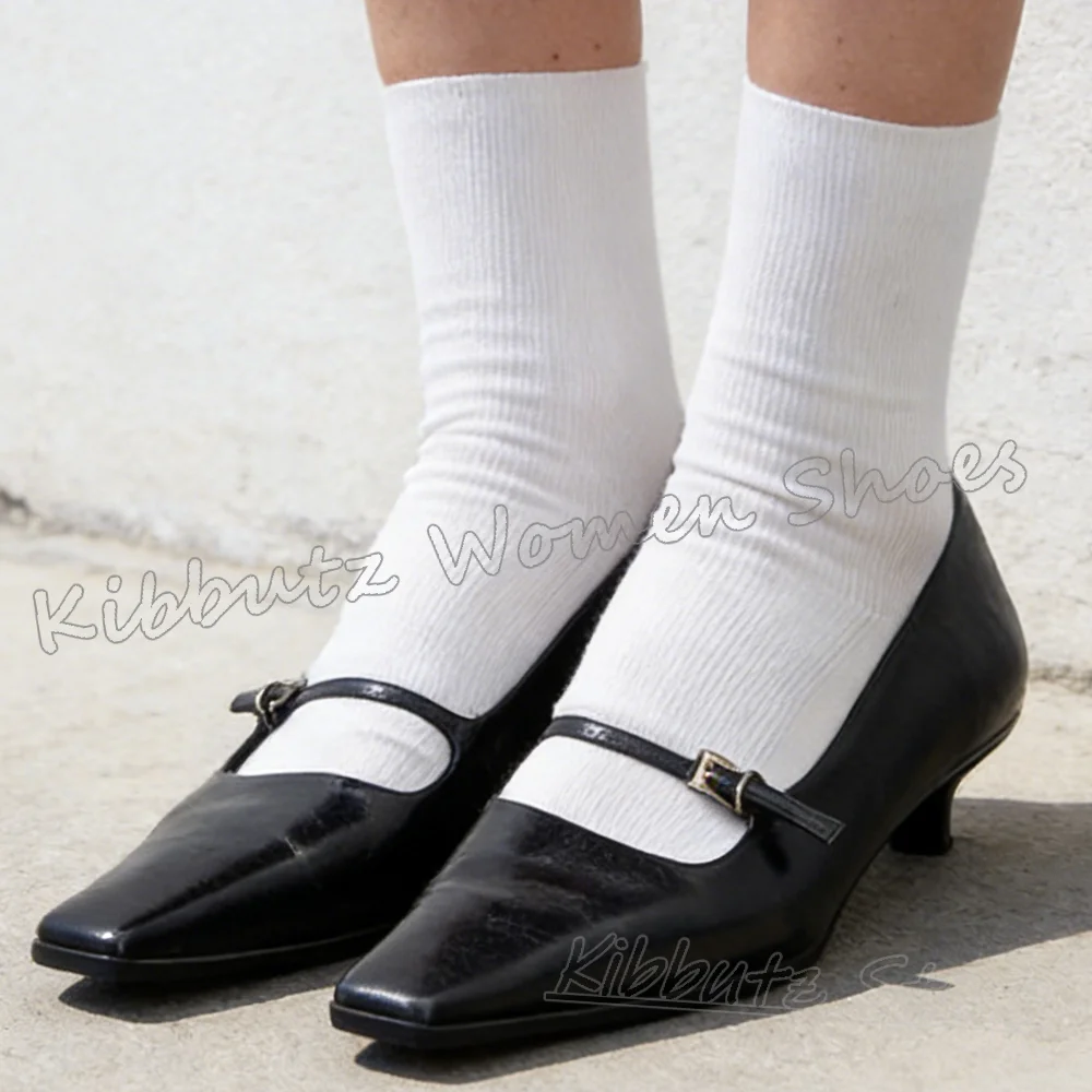 Mary Jane Pumps Belt Buckle Leather Square Toe Kitten Heels Solid Color Women Shoes Fashion Comfortable Sexy Elegant Novelty New