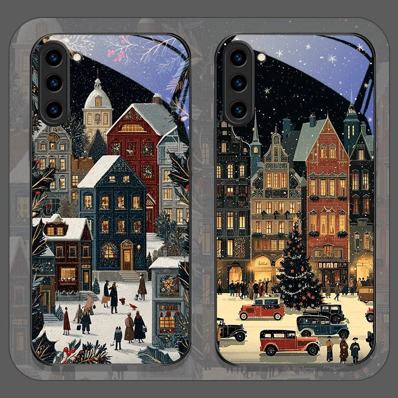 Christmas Winter Snow Street Scenery Tempered Glass Phone Case for Samsung Galaxy S25 Ultra S24 S23 Plus S22 S21 S20 FE 5G Cover