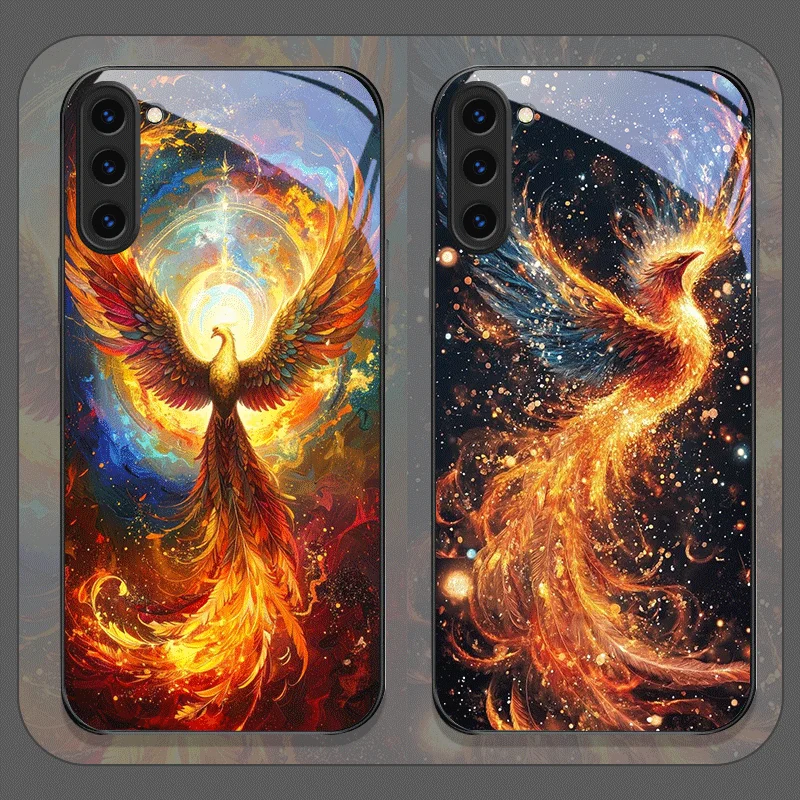 Aesthetic Phoenix Fire Feather Pattern Tempered Glass Phone Case for Samsung Galaxy S25 Ultra S24 S23 Plus S22 S21 S20 FE Cover