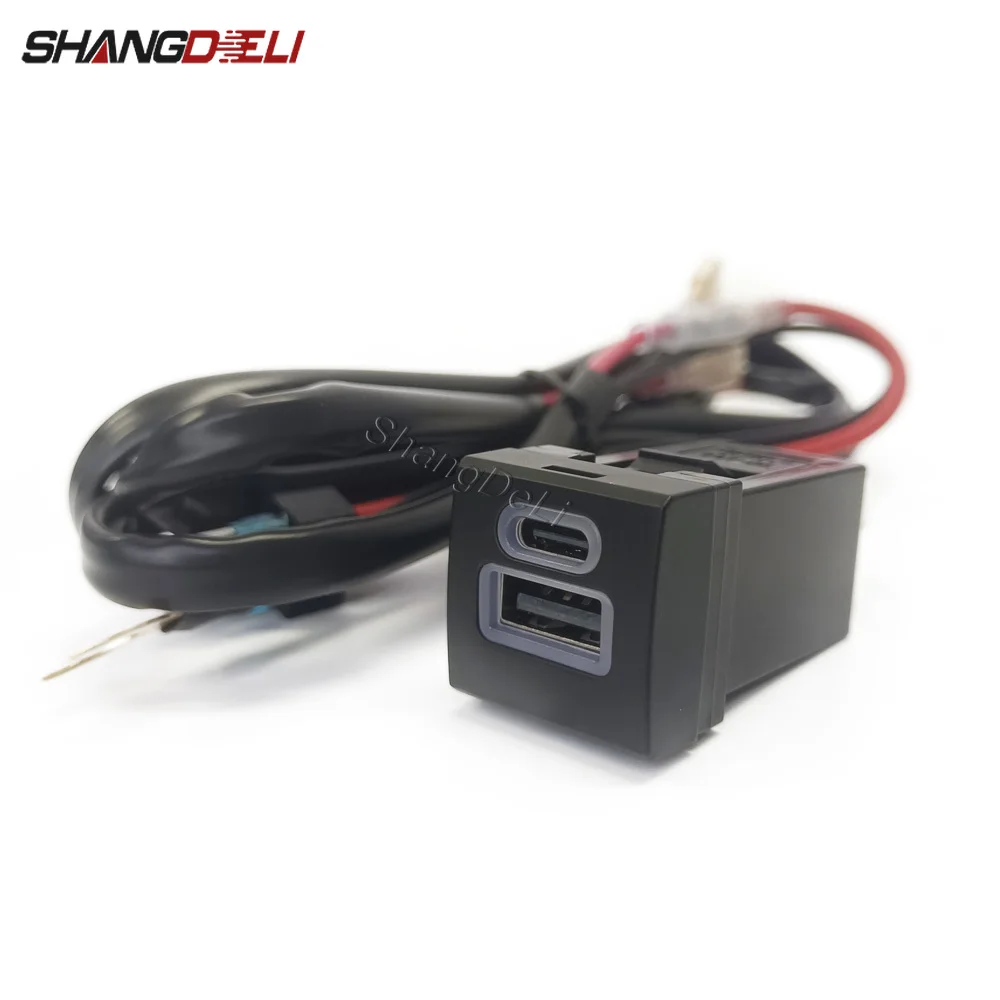 12V/24V Fit for Toyota Corolla Blue LED Light Car Phone Charger Type C PD USB Dual Charger Adapter Socket