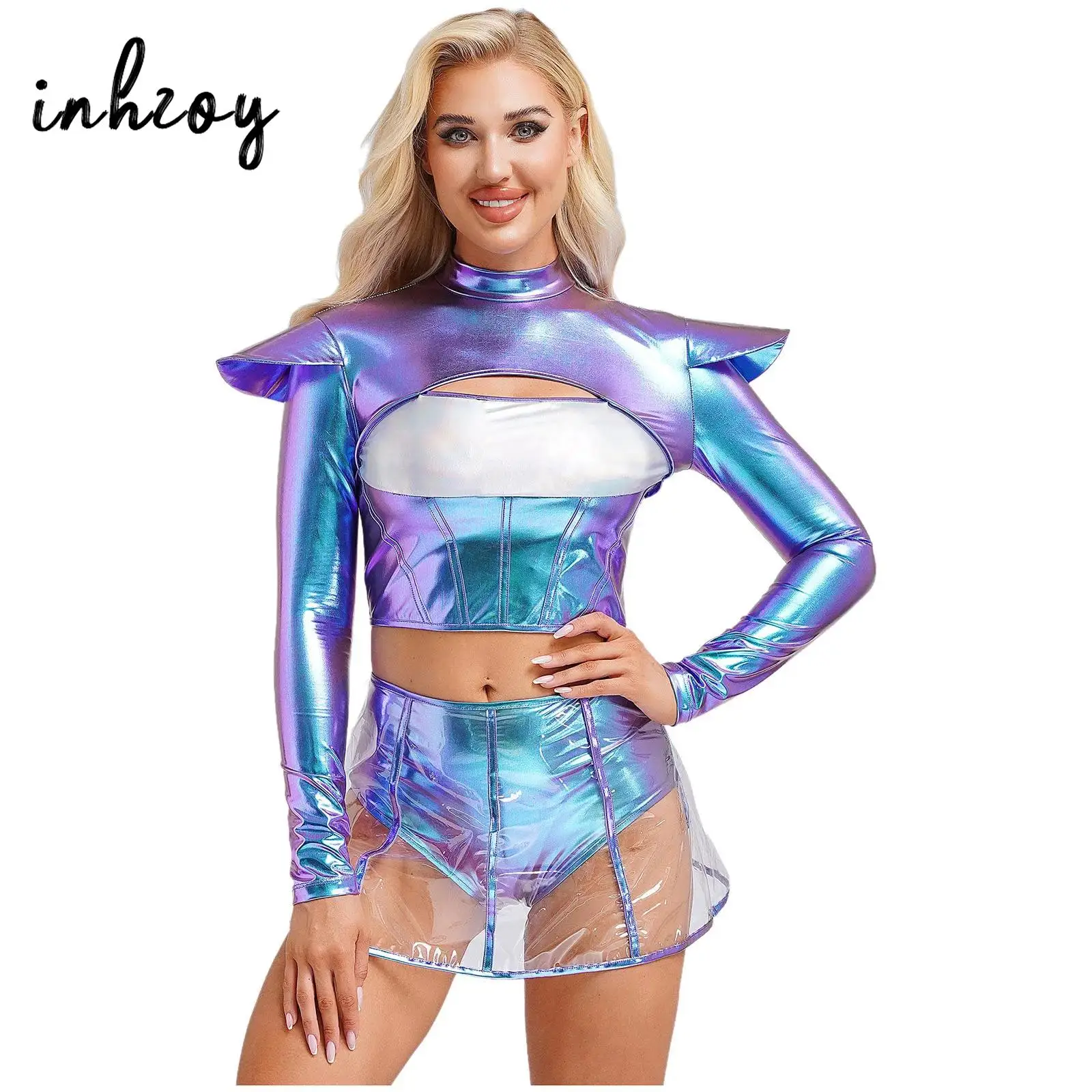 Women Outerspace Astronaut Alien Robot Cosplay Costume Metallic Cap Long Sleeve Cutout Crop Top with Pvc Skirts Sexy Bodycon