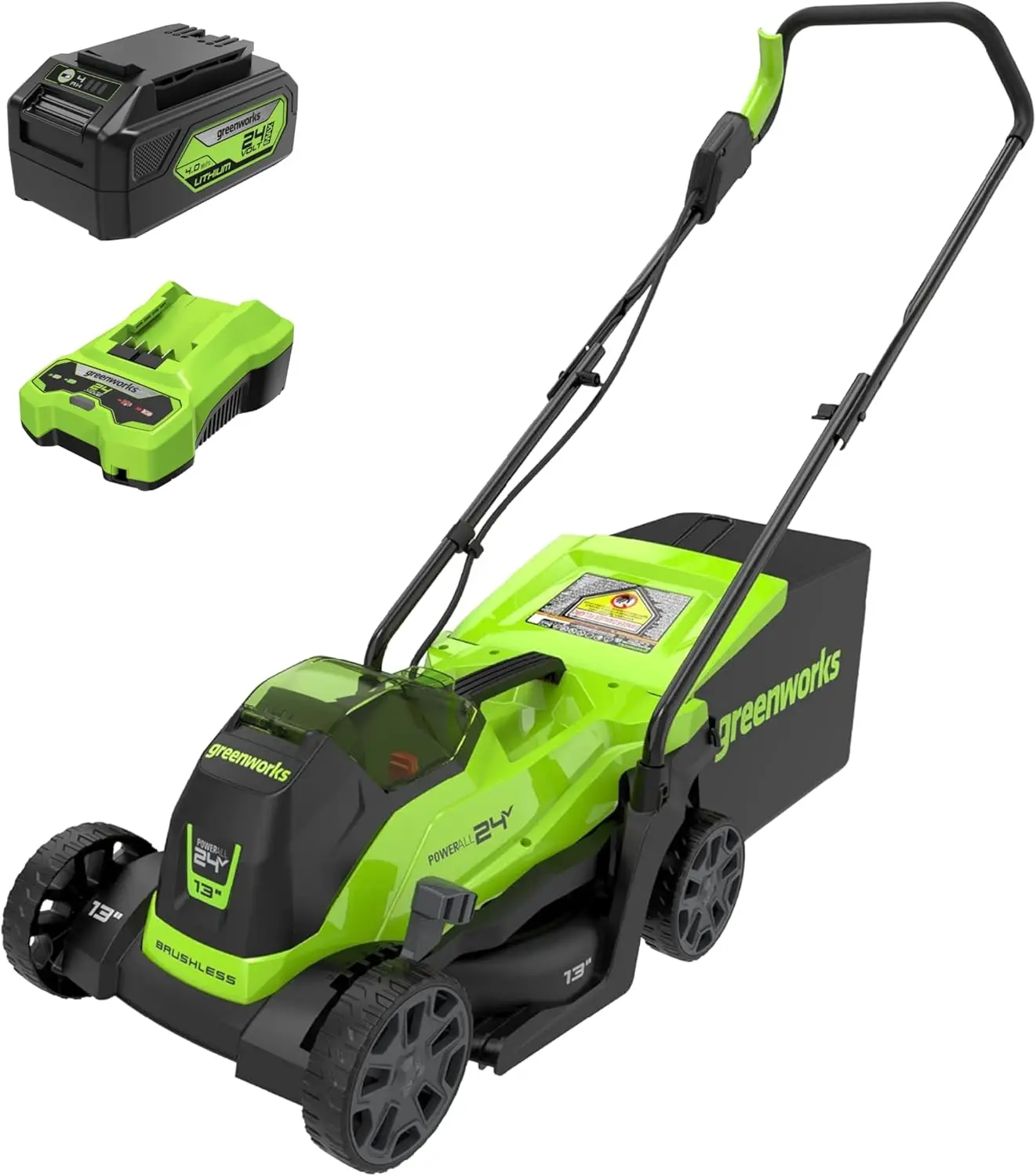 24V Cordless Lawn Mower with Battery & Charger, 13" Deck, 2-in-1 Mulch/Bag, Maintenance-Free
