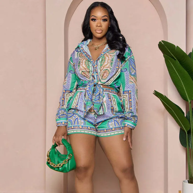 Streetwear Plant Floral Print Long Sleeve Button Shirt Top and Shorts Two Piece Set Y2K Casual Tracksuit Matching Sets Outfits