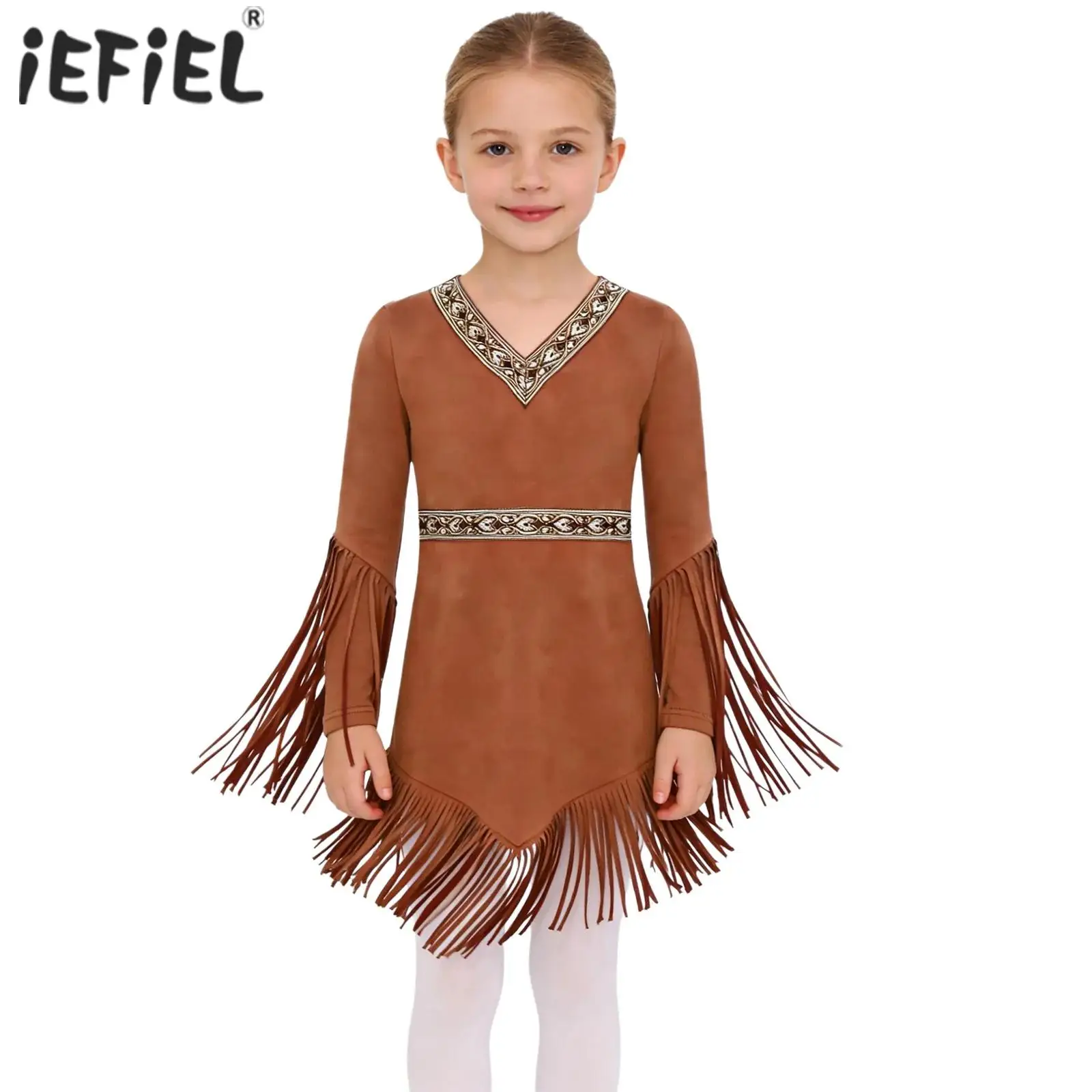 Kids Girls Native American Cosplay Dress Costume V Neck Long Fringed Sleeve Tassel Hem Dress for Cultural Festival Performance