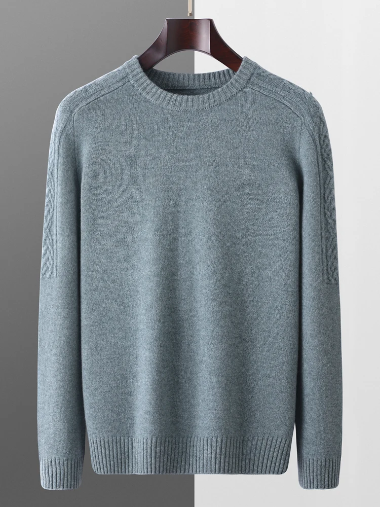 Men's O-neck Pullover 100% Pure Wool Sweater Jacquard Shoulder Cashmere Autumn Winter Thick Retro Casual Knitwear Clothing Tops