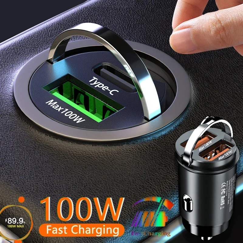 100/200W Mini Car Charger PD Type C Fast Charging For IPhone QC 3.0 USB C Car Mobile Phone Charger For Samsung Xiaomi Huawei