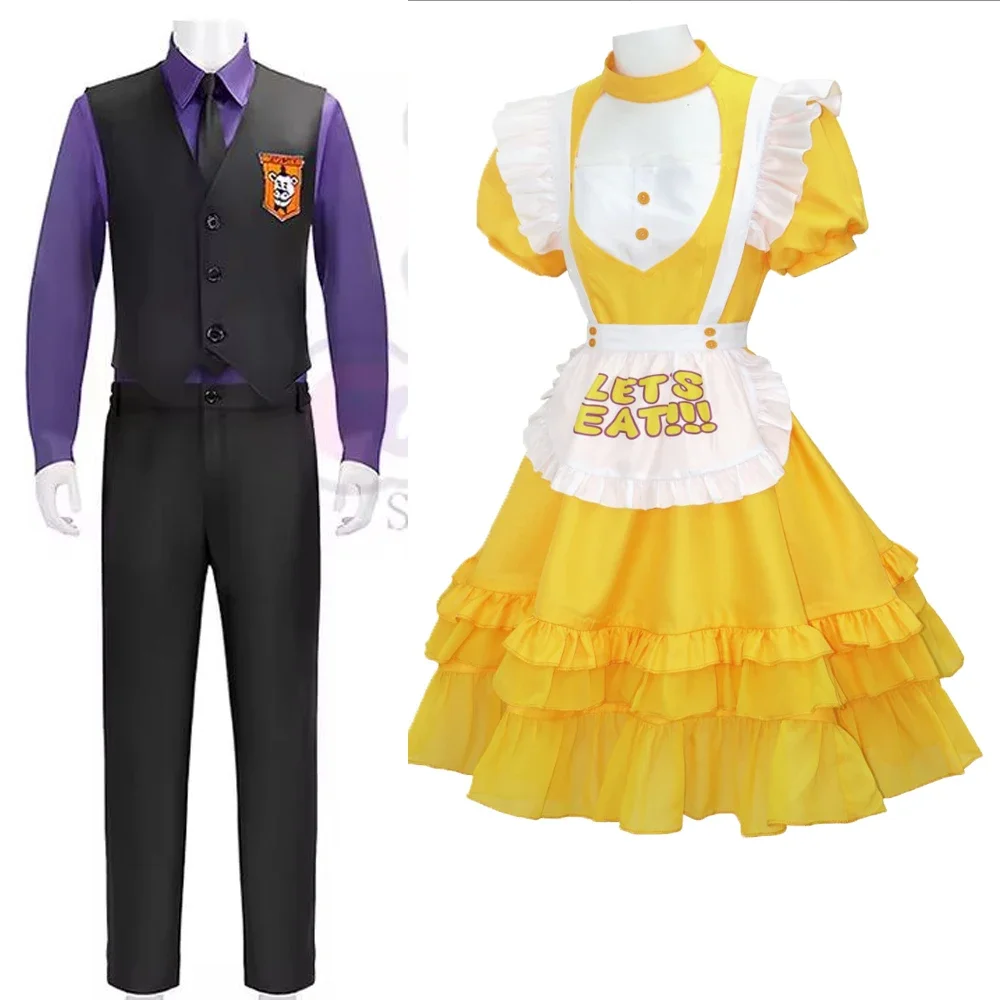 Game FNAF Chica Purple Guy William Afton Cosplay Lolita Costume Woman's Yellow Dress Women Men with Apron Halloween Party Outfi