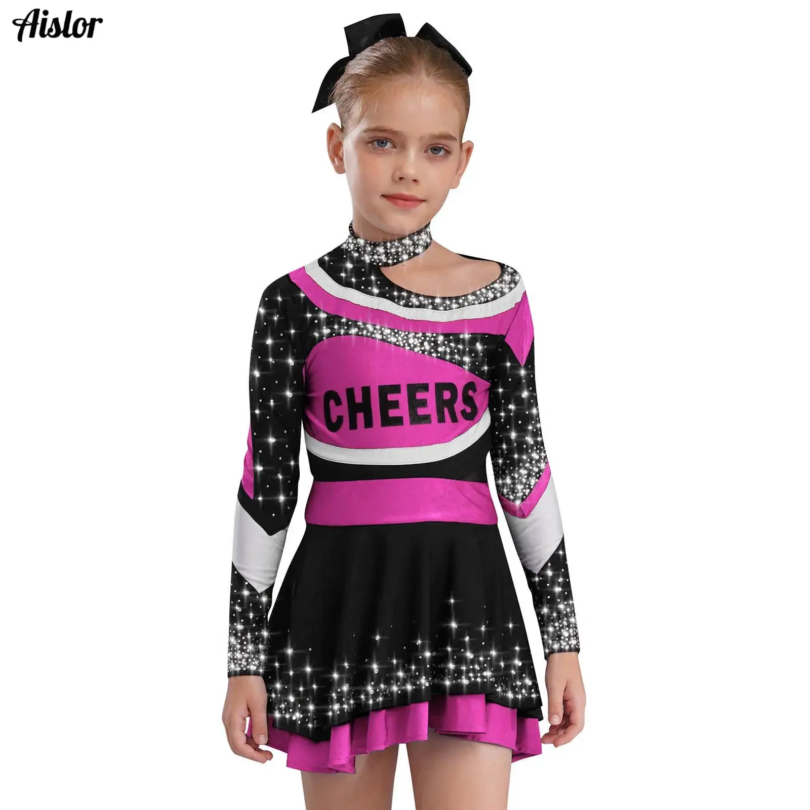 Kids Girls Cheerleading Uniform Outfits Long Sleeve Letter Print Rhinestones Shirt Top+Skirt+Headwear+Striped Socks+Flower Balls