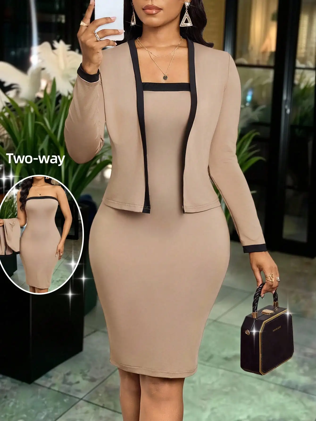 Women's Two-Way Contrast Trim Long Sleeve Jacket & Bodycon Dress Set, Elegant Office Wear