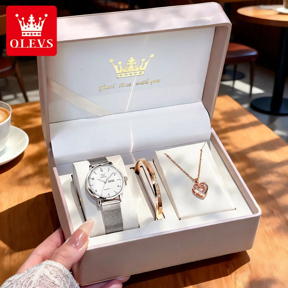 OLEVS 2996 Women Watches Original Elegant Slim Quartz Watch Waterproof Dual Calendar Display Watches For Woman Gift Box Reloj