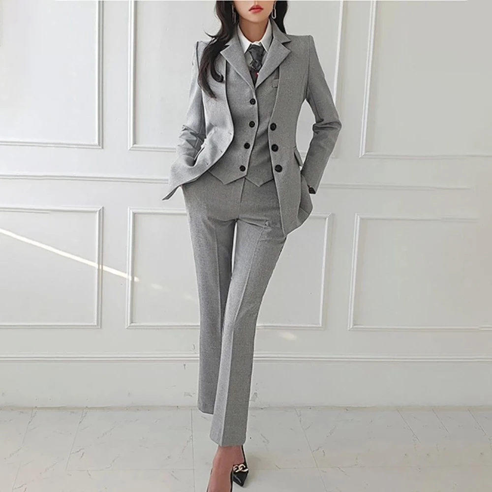 Allingentle Customized Women Pants Suits 3 Piece Suit Women Slim Fit Collarless Jacket, Peak Lapel Vest Womens Suit