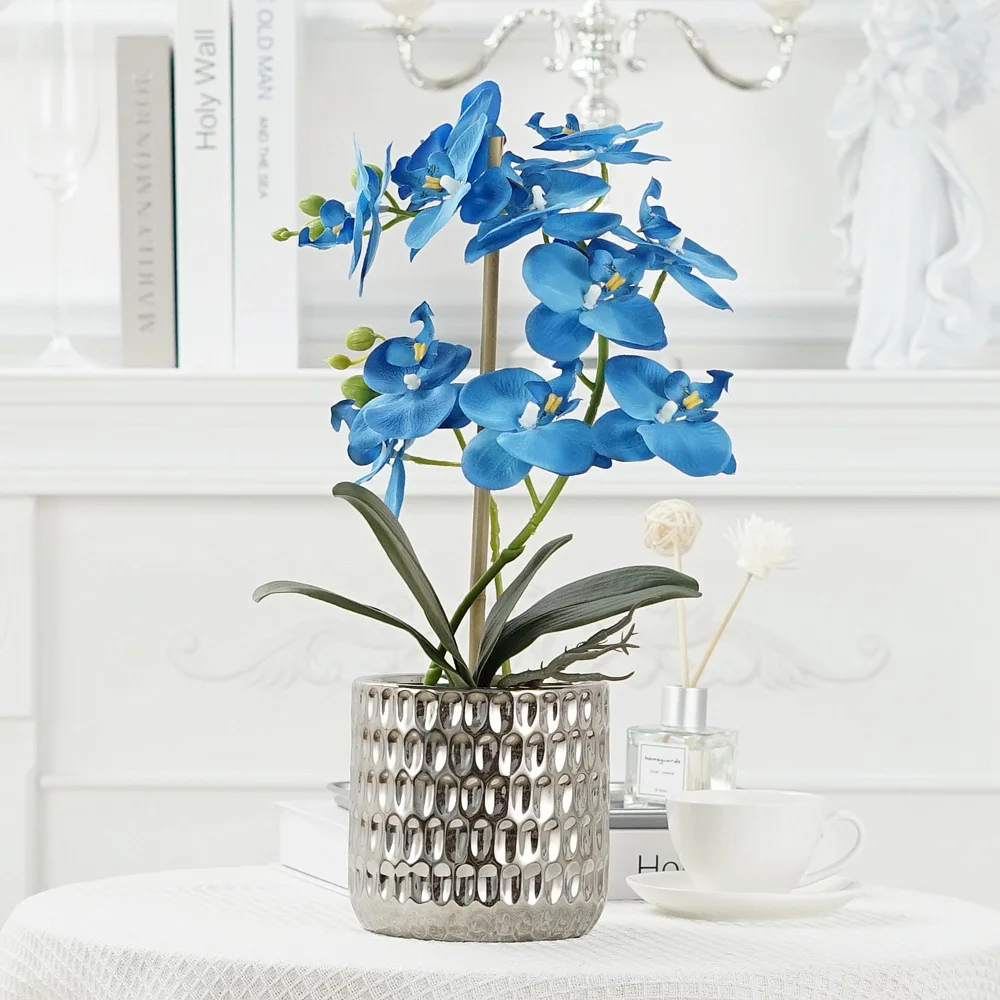 40cm Simulation Phalaenopsis Silver Vase Suit Ornaments Living Room Decoration Fake Flower Potted Plant Glue Feel Silk Cloth Flo