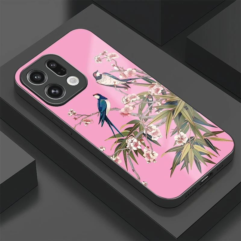 Shockproof Protective Phone Case For OPPO Find X8 X5 Pro X3 X5 Lite X2 Neo Flower Birds Leaves Pattern Tempered Glass Cover