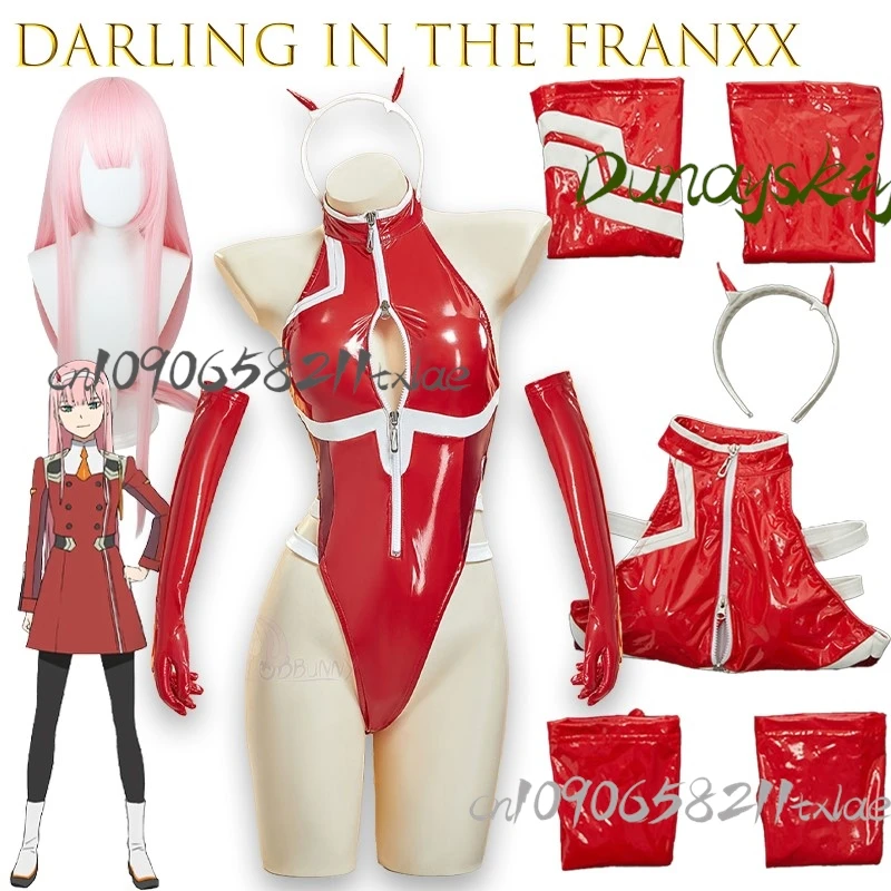 Darling In The Franxx Zero Two Red Leather Bodysuit Cosplay Costume Full Set Backless Teddies Baby Dress Porn Underwear Sexy