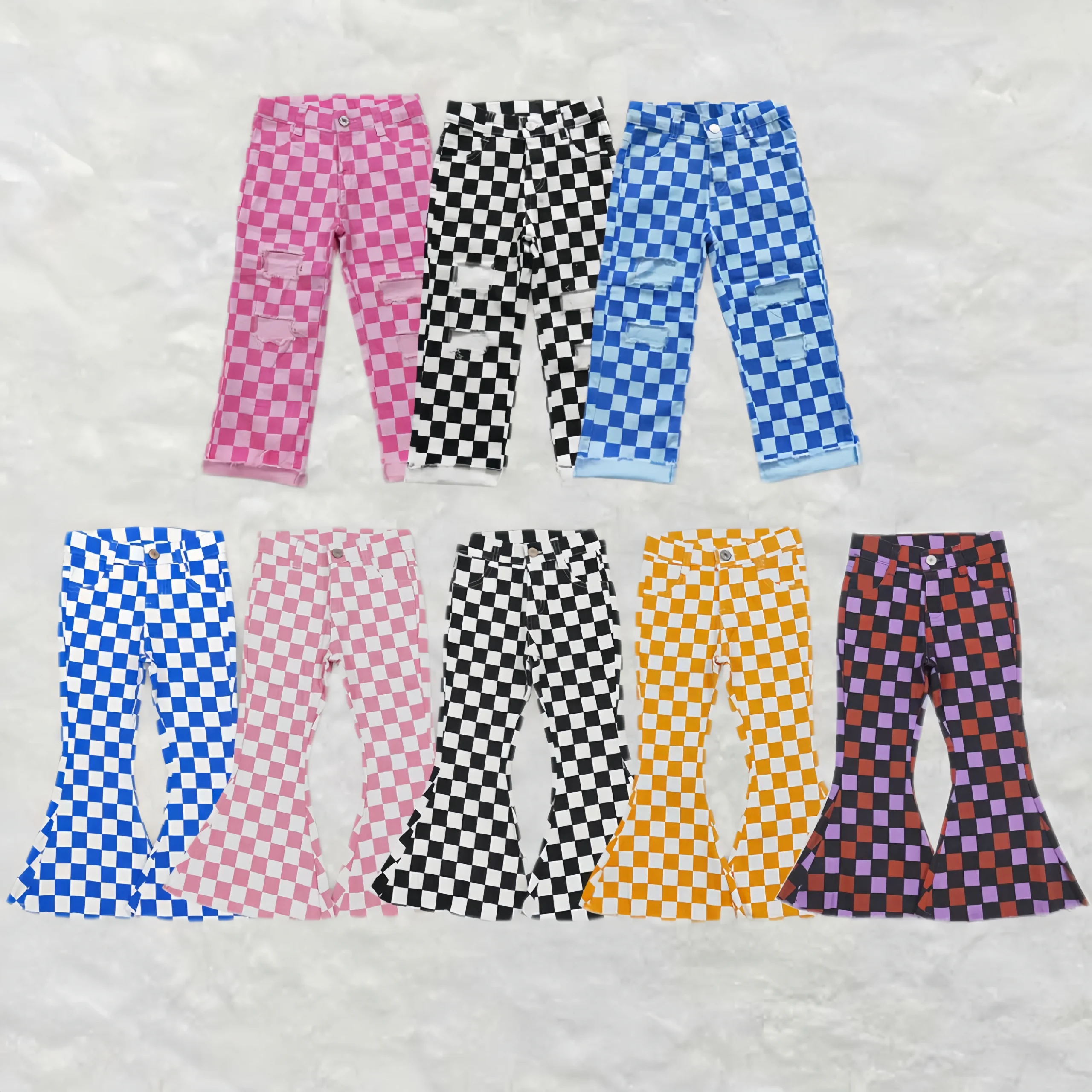 Children Boutique Girls Clothes Autumn And Winter Bell Bottom Jeans Plaid Camouflage Stripes Kids Denim Pants