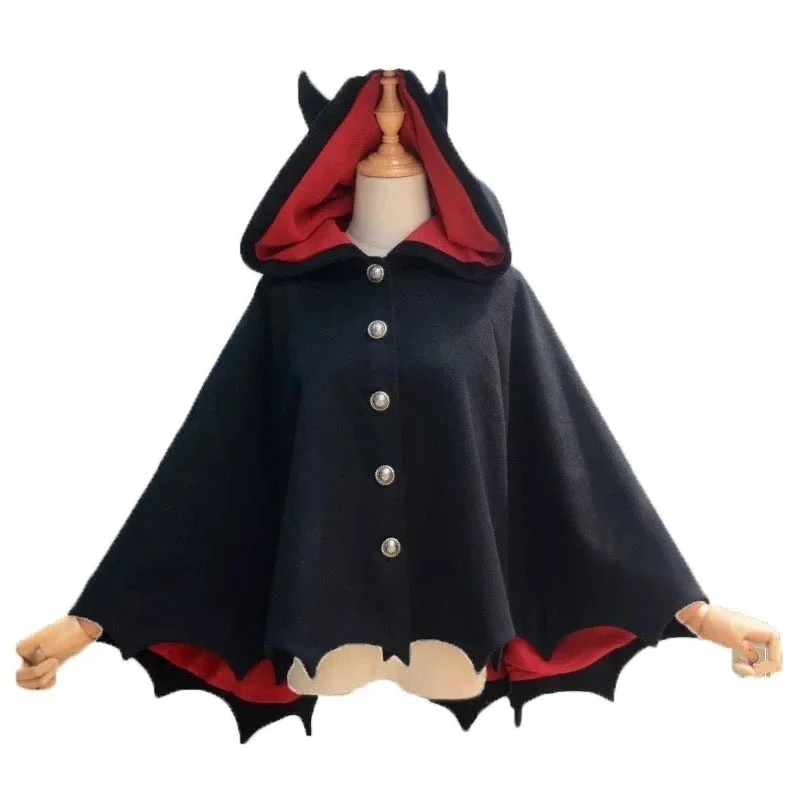 2025 Fleece Poncho Hoodie Cloak Coat Winter Kids Halloween Gothic Punk Black Devil Bat Wing Demon Costume Lolita