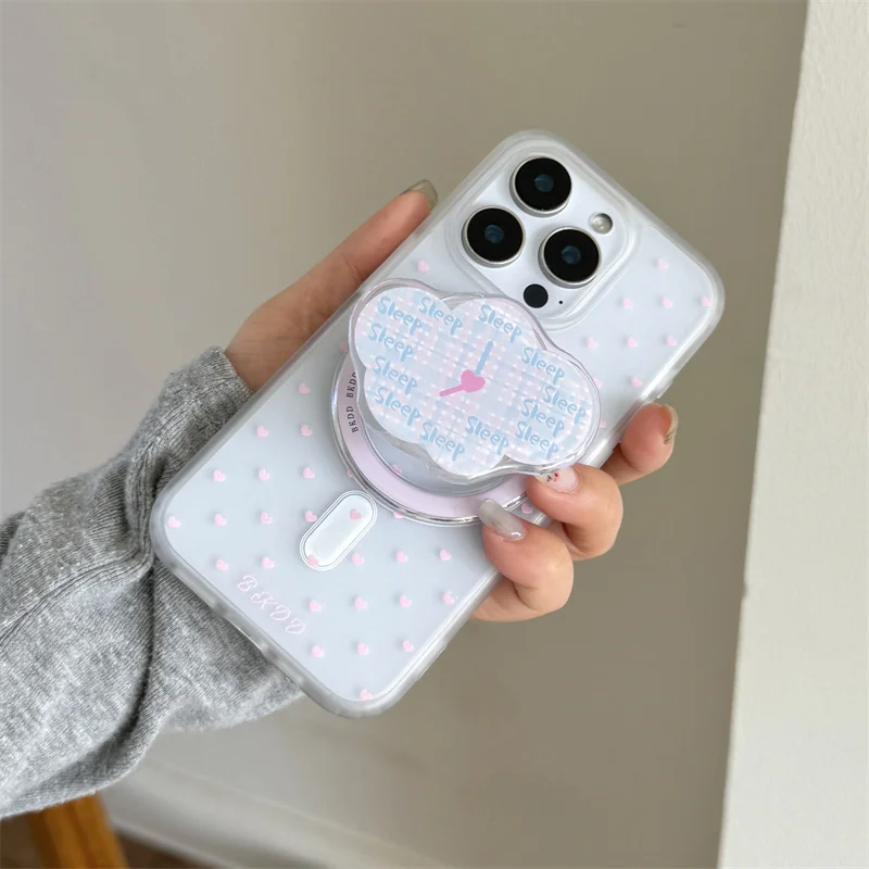 Cute Pink Small Love Heart Magnetic Phone Case For iPhone 16 Pro 15 14 13 Pro Max Cover with Cute Stand Holder Cases for Magsafe