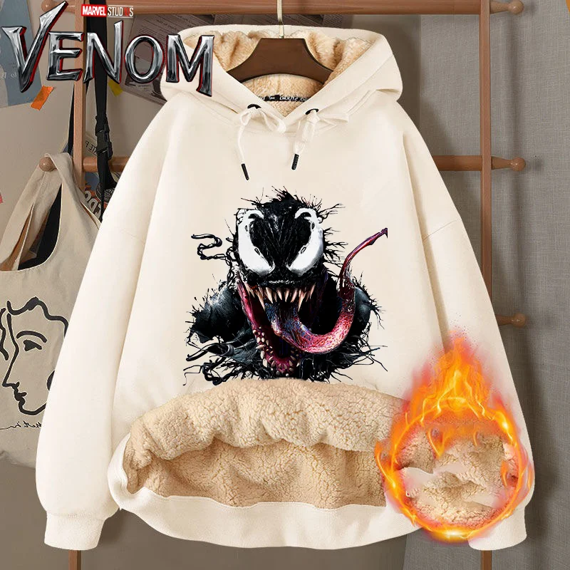 Venom Adult Lamb Wool Hoodie Anime Cartoon Printed Thick Hooded Sweatshirt Teenagers Winter Warm Hoodies Clothes Boys Xmas Gifts