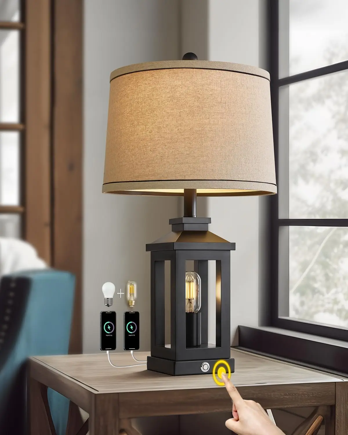 23.75" Vintage Farmhouse Black Table Lamp with Touch Control, USB C+A Ports, Dual Light for Bedroom Living Room