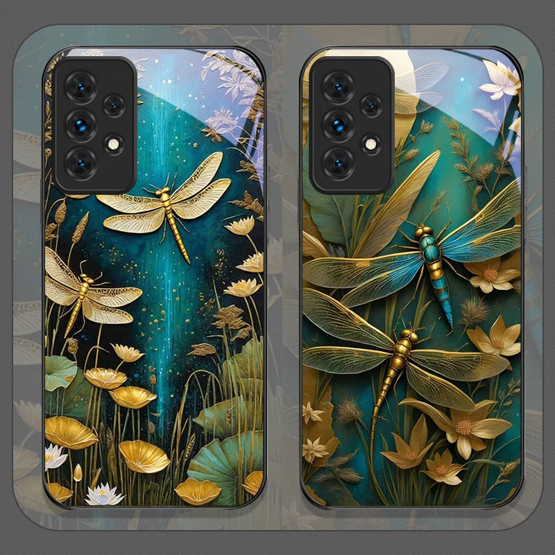 Flower Golden Dragonfly Tempered Glass Phone Case for Samsung Galaxy A06 A17 A55 A54 A53 A52 A36 A14 A31 5G Floral Pattern Cover