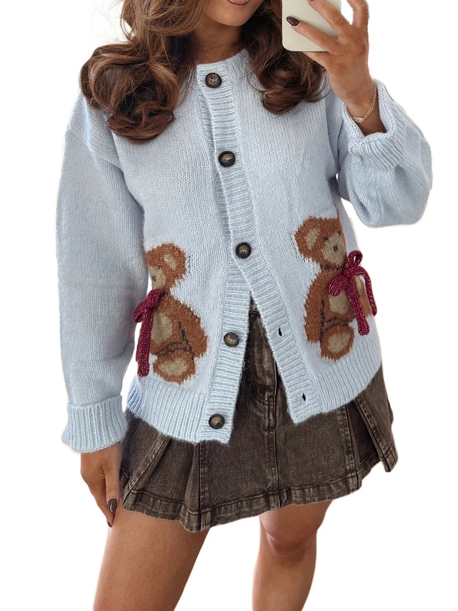 Women s Autumn Sweater Cardigan Long Sleeve Round Neck Button Up Bear Print Knitwear