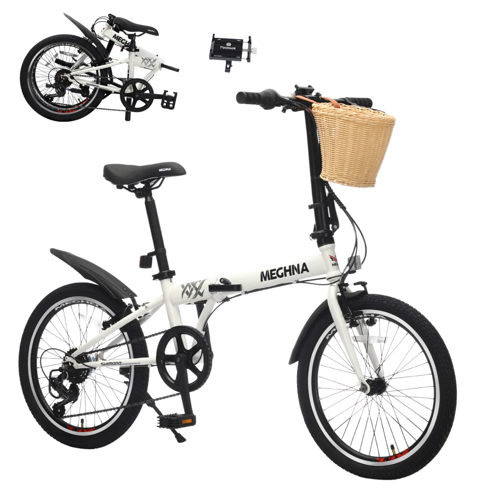 20 Inch Folding Bike for Adults Shimano 6 Speed Steel Frame Dual V Brakes 220LBS with Fenders Basket Phone Holder Portable