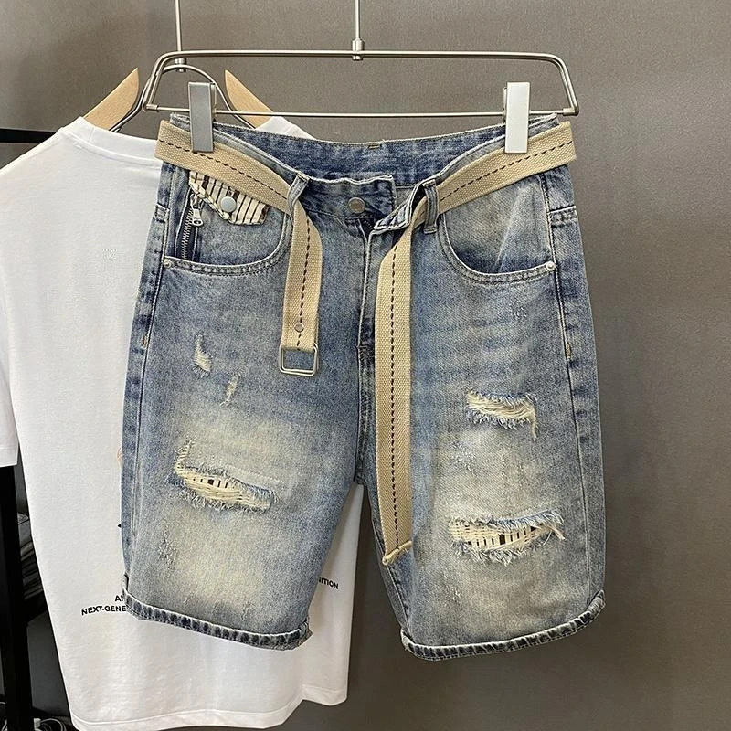 Light Blue Ripped Baggy Short Jeans Pants for Men Half Buttons Man Denim Shorts Distressed Xl Streetwear Harajuku Popular Jorts