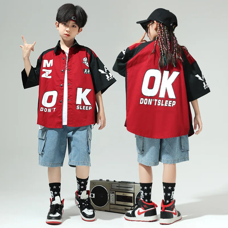 Kid Cool Hip Hop Clothing Red Letters Print Shirt Denim Blue Casual Jeans Cargo Shorts for Girl Boy Jazz Dance Costume Clothes
