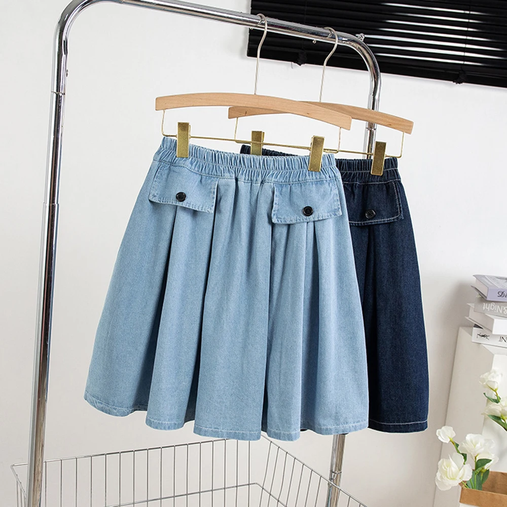 M-5XL Oversize Denim Skirt Women's New Elastic High Waisted A-line Loose Fit Retro Knee-length Skirt with Built-in Safety Shorts
