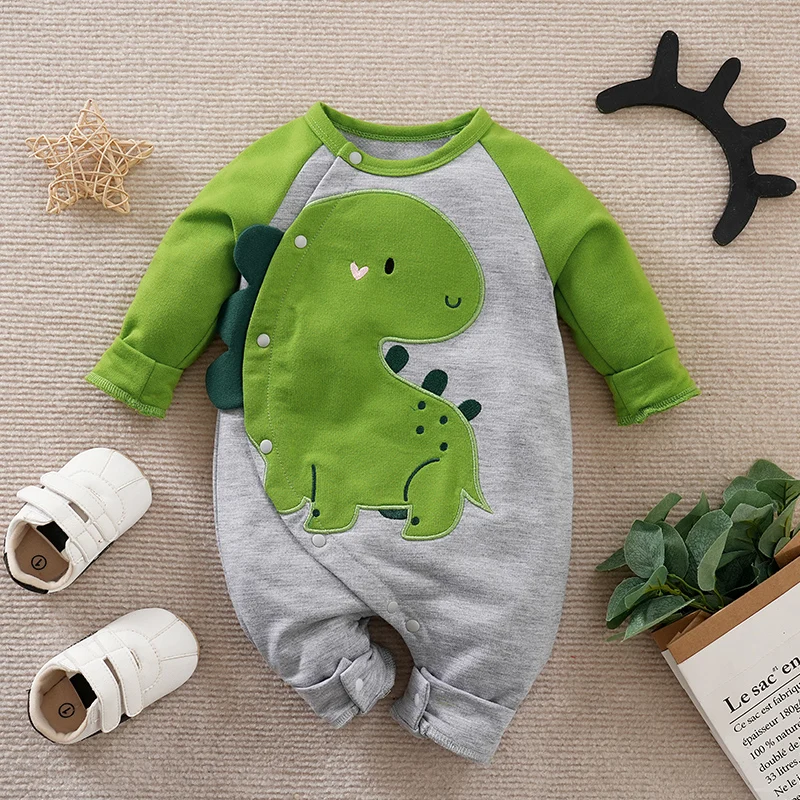 Spring And Autumn Boys And Girls Cute Cartoon Dinosaur 3d Printing Comfortable Casual Baby Bodysuit
