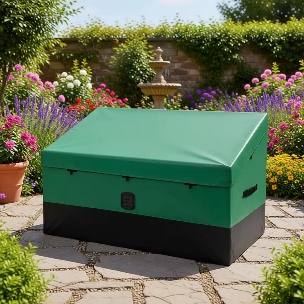 150 Gallon Waterproof PE Tarpaulin Deck Box with Galvanized Steel, Portable All-Weather Storage for Camping, Garden, Poolside, a