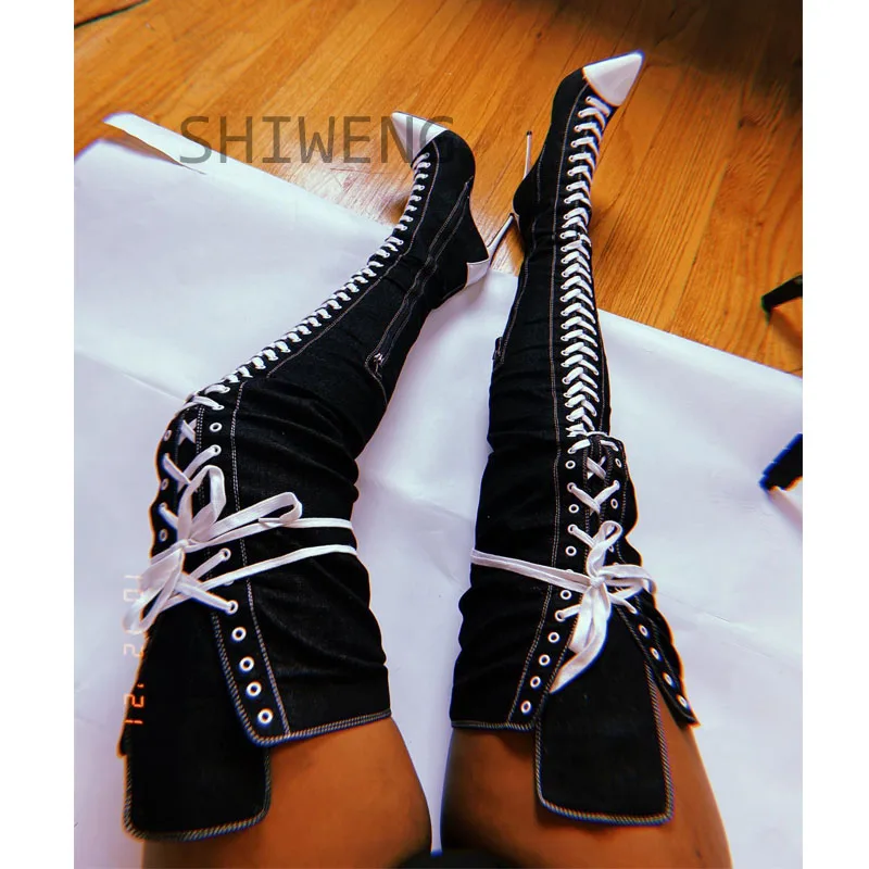 2025 New Women Pointed Toe High Heels Knee High Boots Jeans Black Lace Up Knight Boots Winter Autumn Ladies Shoes Long Boots