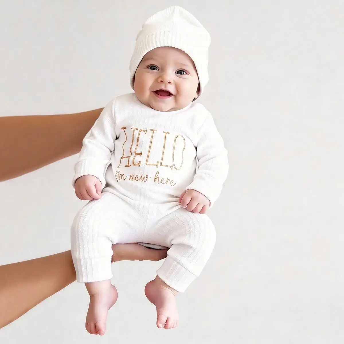 Ylsteed "Hello" Embroidery Newborn Photography Props Infant Romper Jumpsuit with Bow Hat Baby Coming Home Outfit Baby Photo Gift