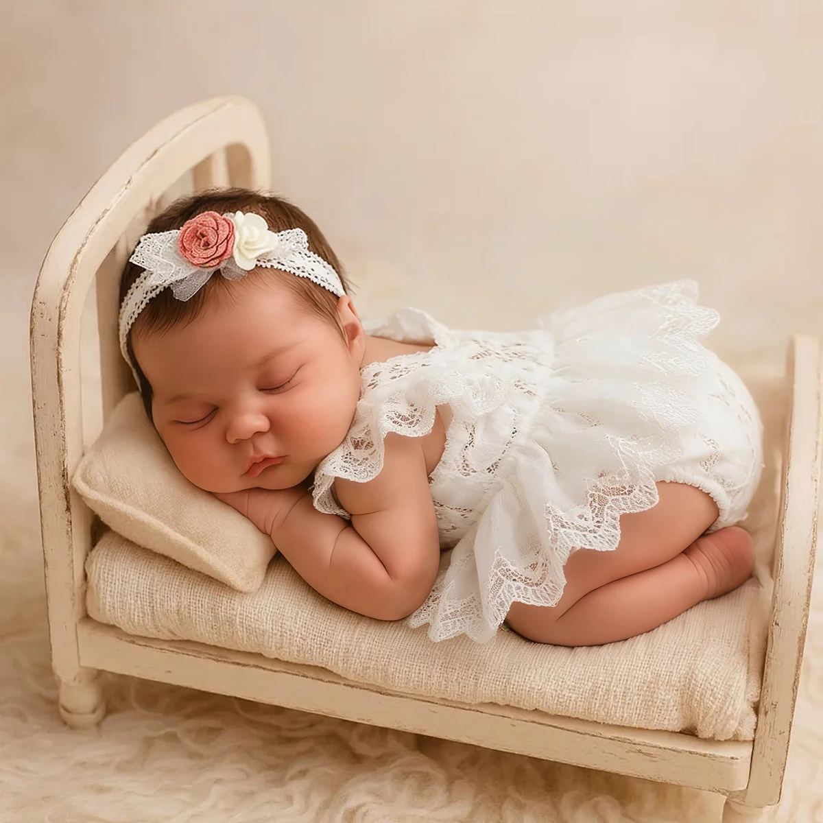 Ylsteed 2 Pieces Set Newborn Photography Lace Romper White Color Baby Girl Photo Shooting Outfits with Headband