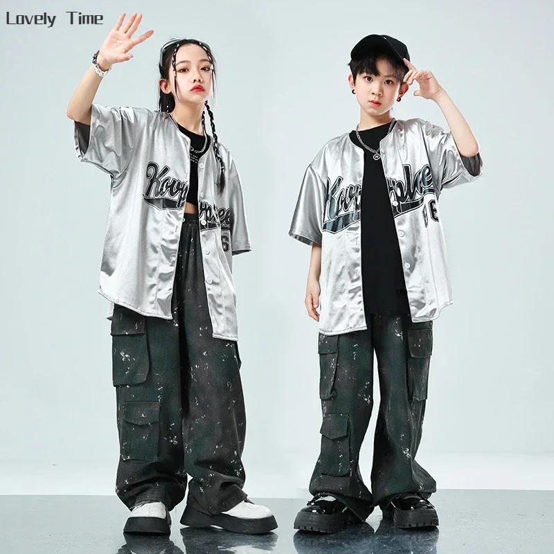 Boys Hip Hop Silver Jacket Street Dance Cargo Pants Girls Cool Streetwear Coat Kids Jazz Clothes Sets Child K-pop Shiny Costumes