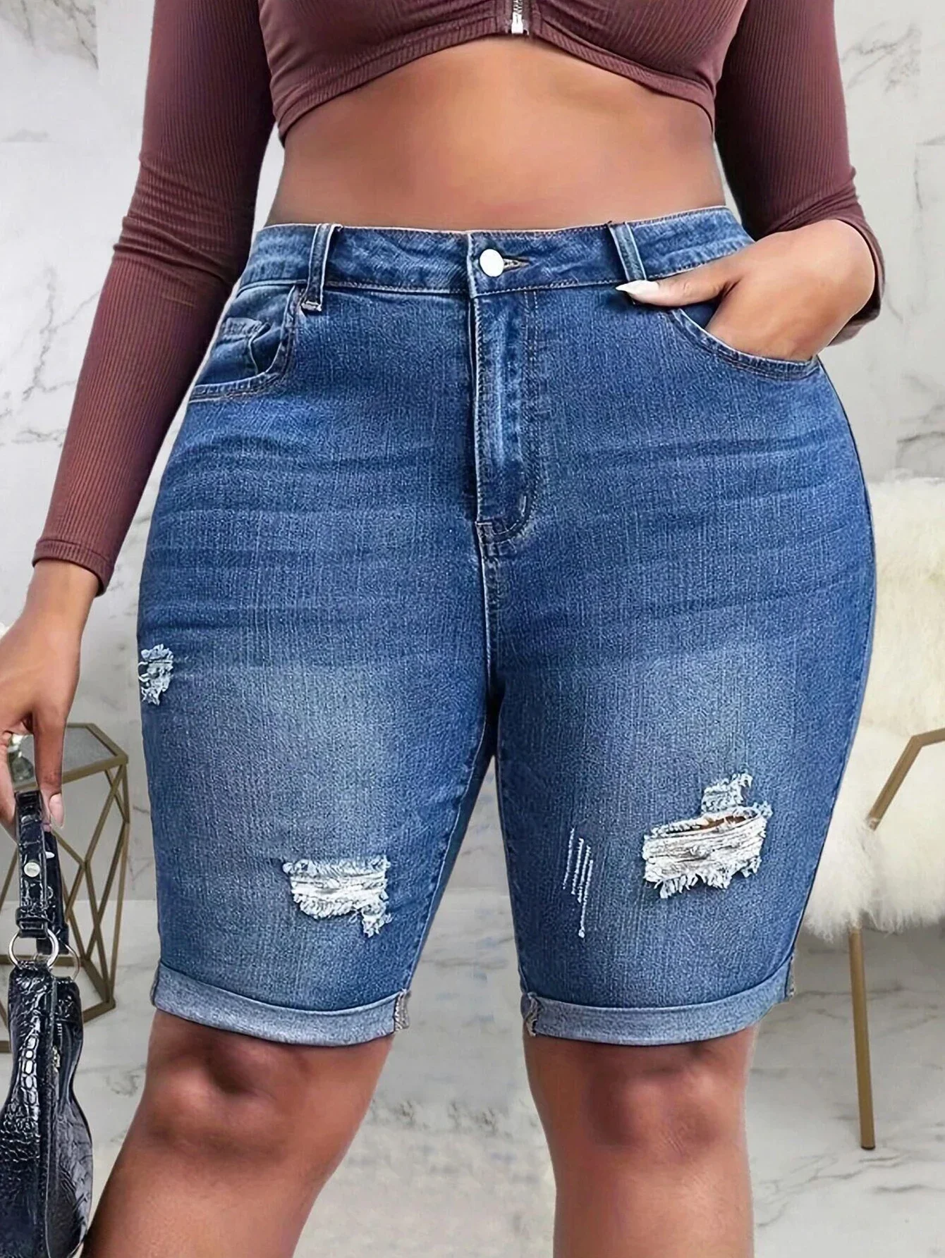 Women Ripped Skinny Denim Short High Waisted Folded Cuffed Hem Jeans Shorts Summer Stretchy Slim Jean Short Pant Archaic