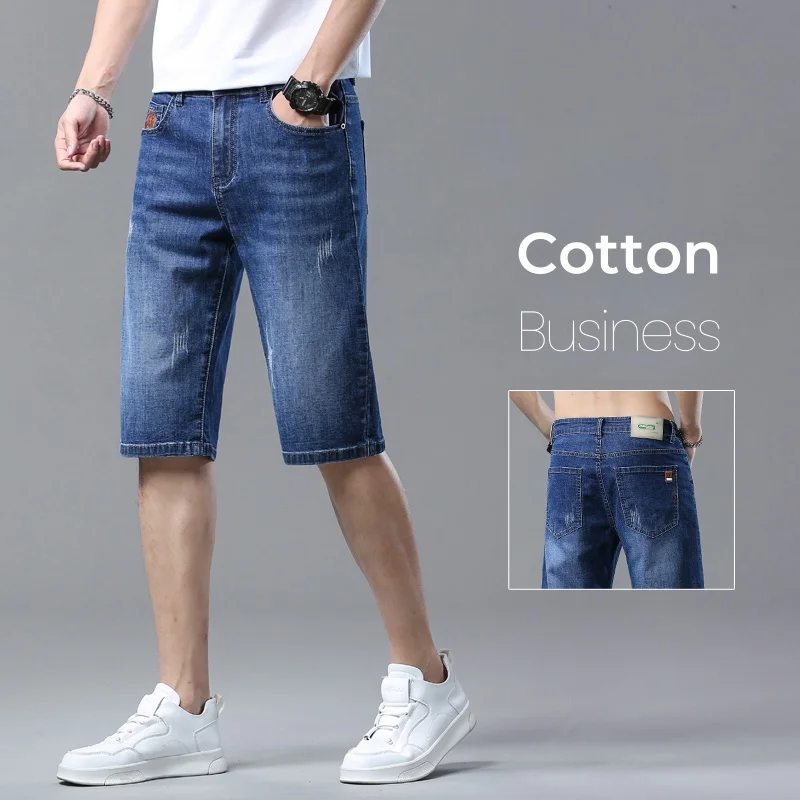 Men's Shorts Summer Straight Denim Shorts Blue Business Fashion Office Casual Short Jeans Cotton Men Clothing Stretch New Pants