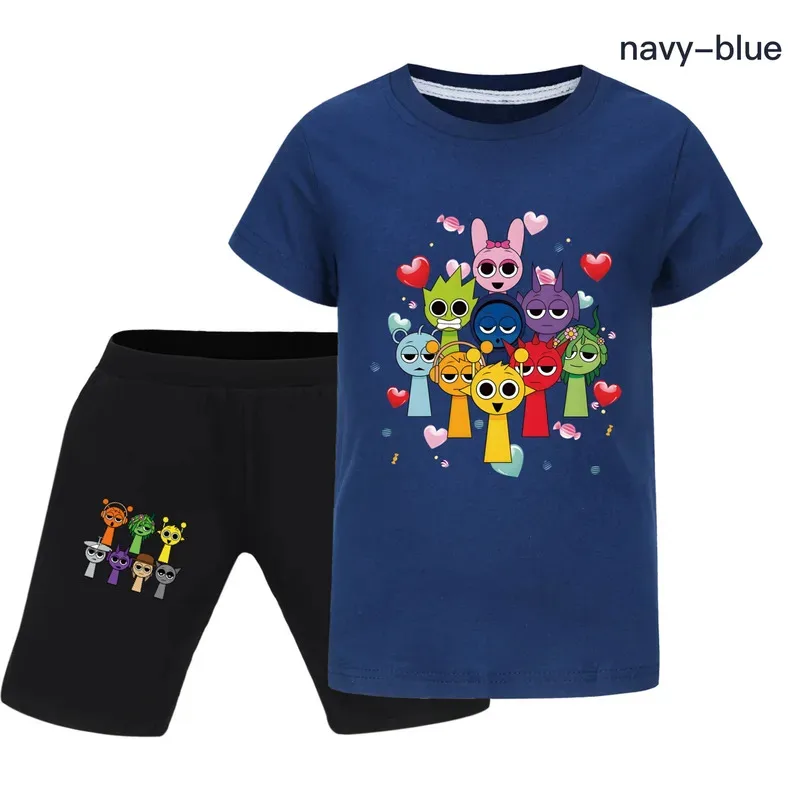 wiwiwi 123Sprunki Children Black Short Sleeved T-shirt Pants Anime Birthday Sprunki Print Pullover Cartoon Summer Casual Cotton