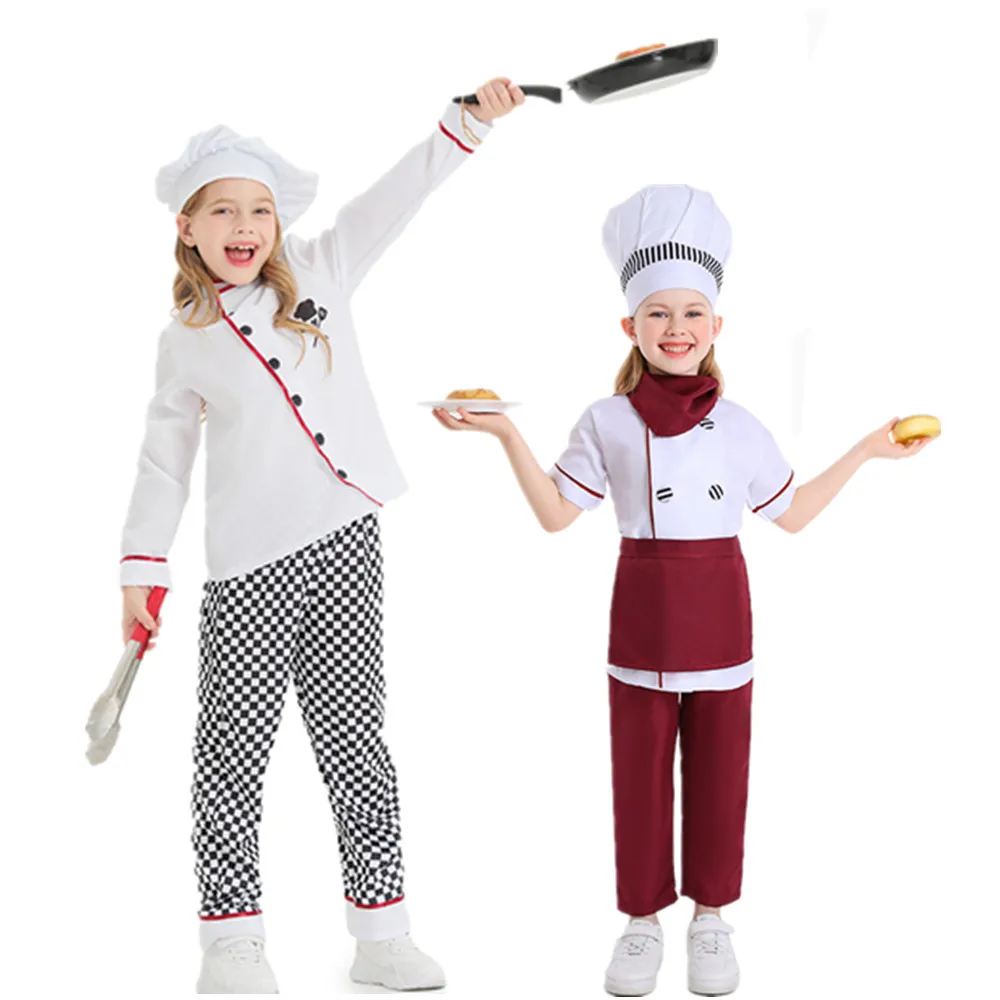 Kids Cook Tshirt Chef Uniform Children Kitchen Hat Cap Work Jackets Restaurant Halloween Performance Stage Party Cosplay Costume