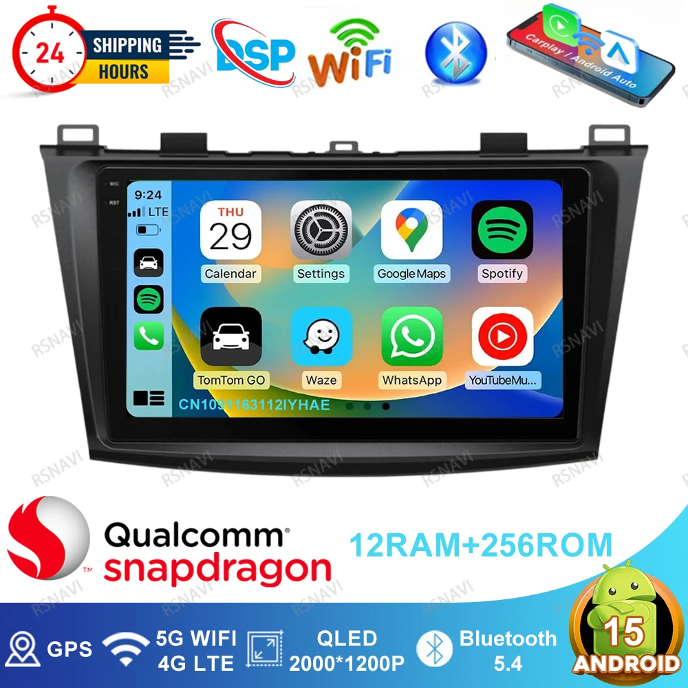 Android 15 Car Radio For Mazda 3 2009-2013 4G LTE DSP DVD Navigation Wireless Carplay Auto Multimedia 5G WIFI GPS BT QLED Stereo