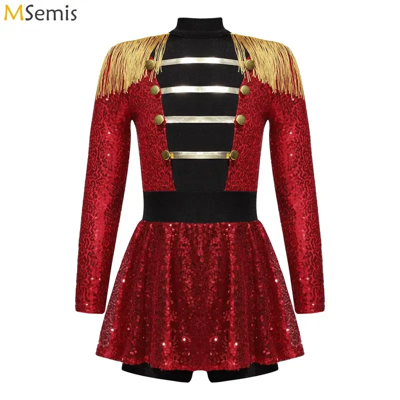 Kids Girls Halloween Ringmaster Circus Costume Sequins Long Sleeve Tassel Epaulet Bodysuit Dance Dress for Cosplay Performance