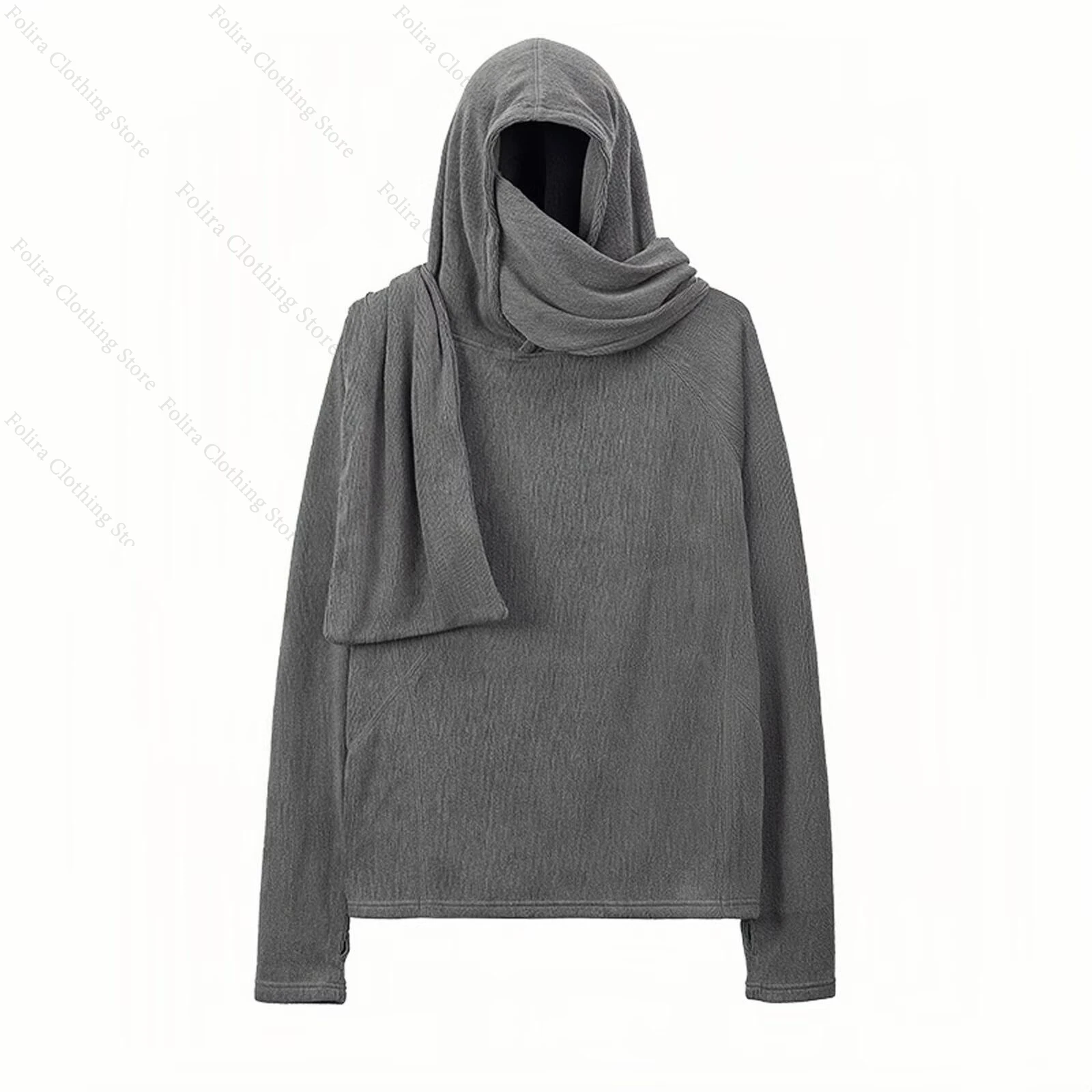 Harajuku Style Long Sleeve T-Shirt with Gray Hooded Shirt for Men Men's T-shirt with Muffler Pullover Winter Clothes Streetwear