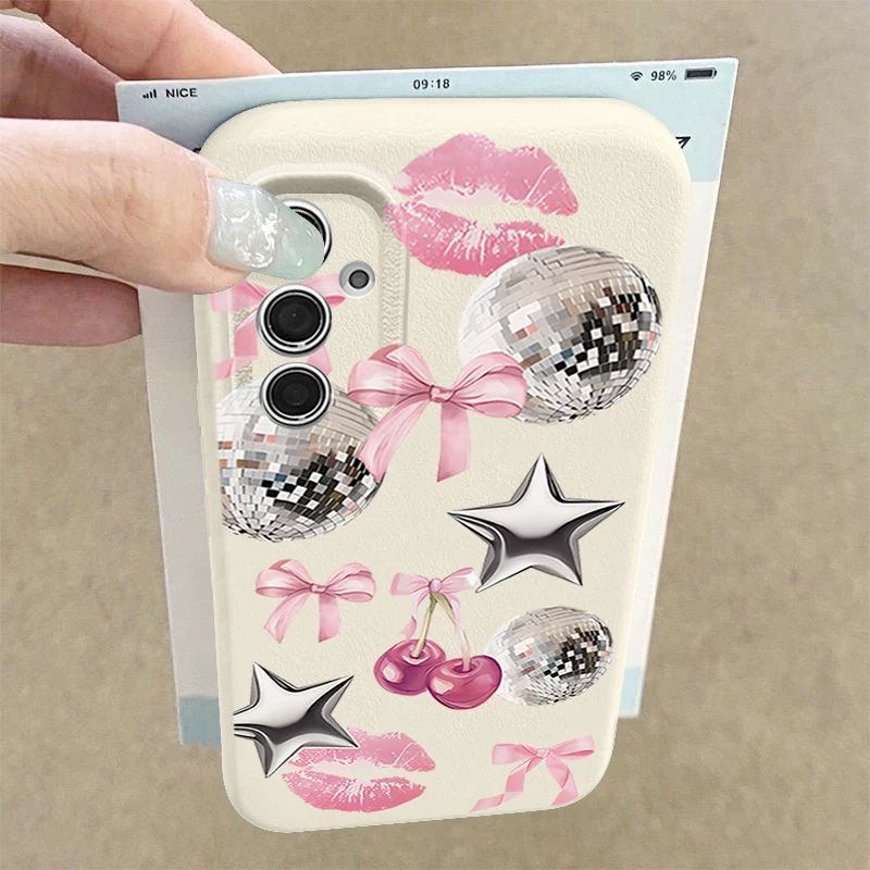 Cherry Bowknots Lips Disco Ball Case For Samsung Galaxy S26 S25 S24 Ultra S23 S21 FE A54 A15 A35 A55 A16 A36 A56 A17 A37 A57 5G