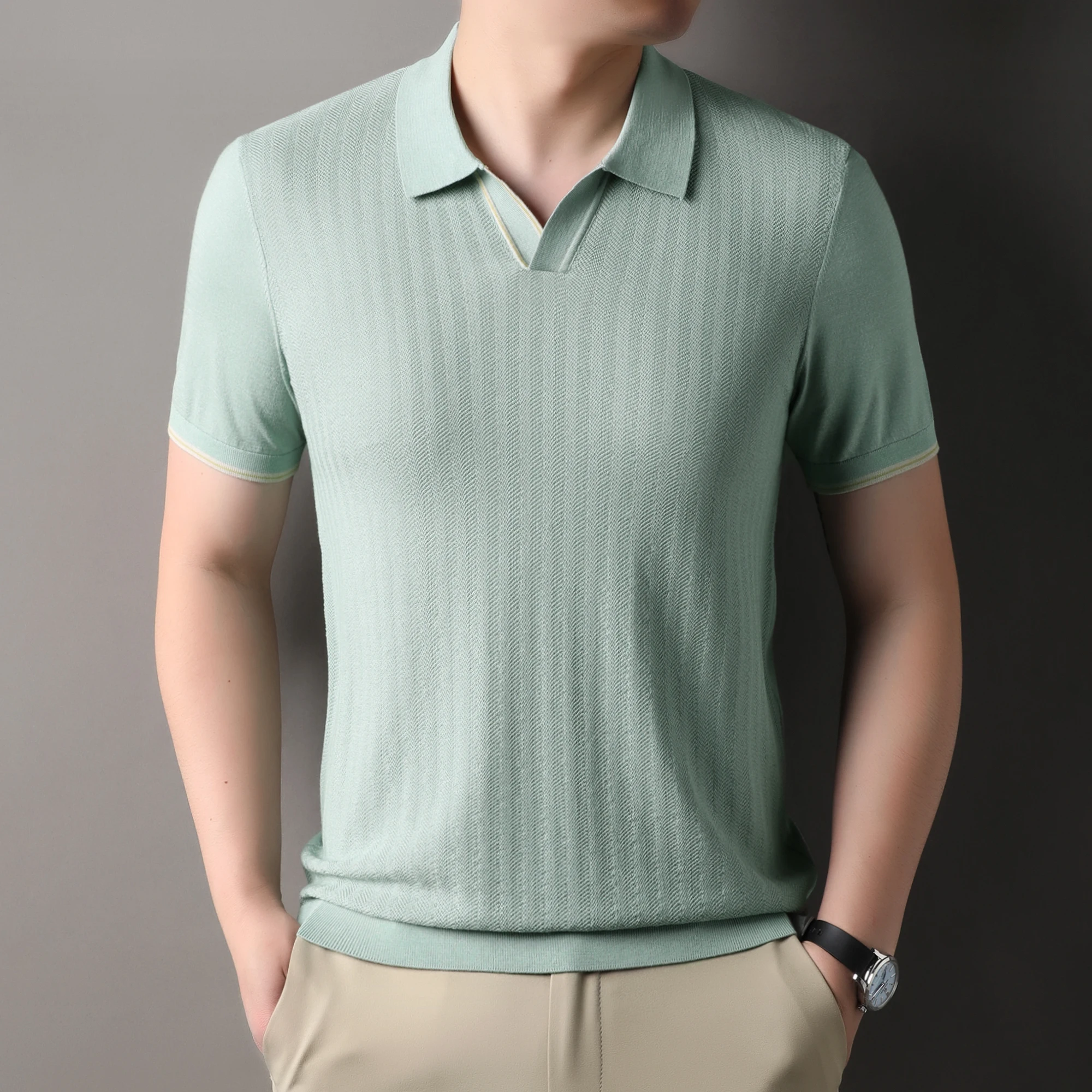 New Trendy Lyocell Men Tops 2025 Summer Breathable Mulberry Silk Knit Polos Fashion Turn Down Collar Silk Collor Knitwear Shirts