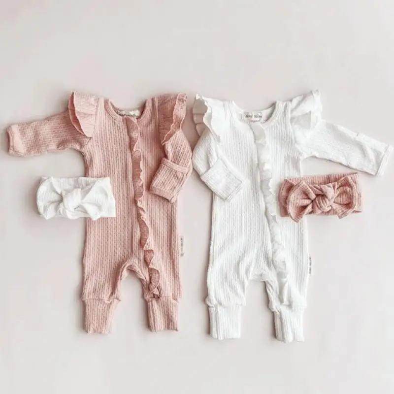 Long Sleeves Knitted Jumpsuit For Infants Girl Comfortable Adorable Autumn Winter Newborn Bodysuit Solid Waffle Romper