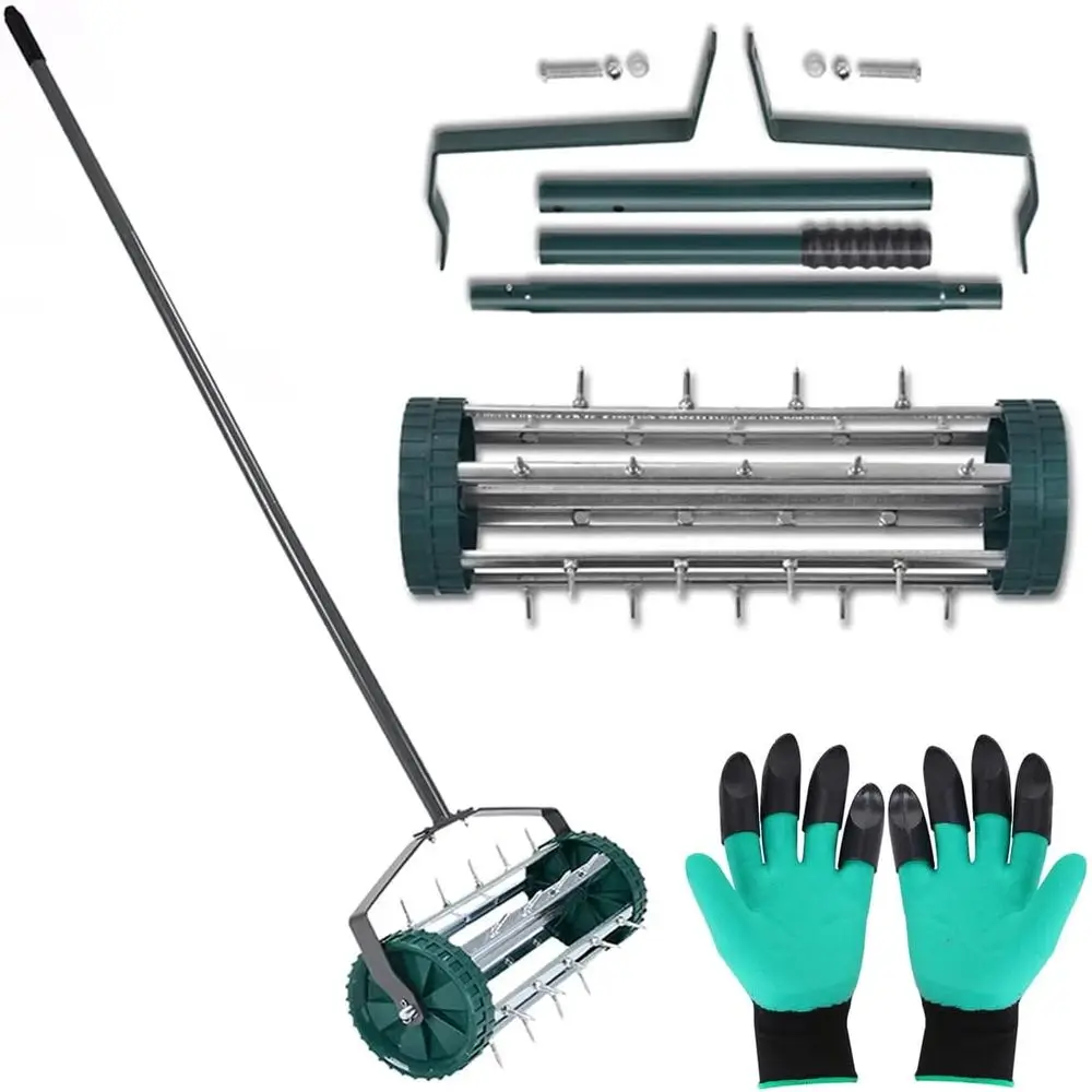 18-Inch Manual Lawn Aerator with Adjustable Handle and Garden Gloves, Steel Spikes for Yard and Garden Soil Aeration