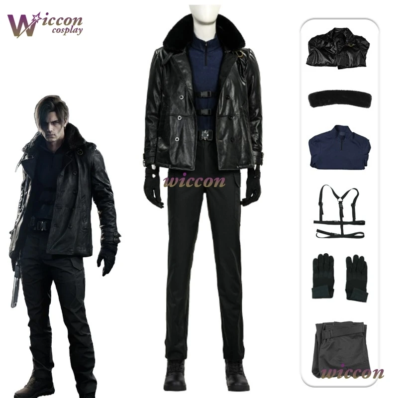 Kosplay Requiem Resident Cos Evil Leon·S·kennedy Cosplay Leon Cosplay Costume Pu Coat Full Set Party Uniform Hallowen Play Role