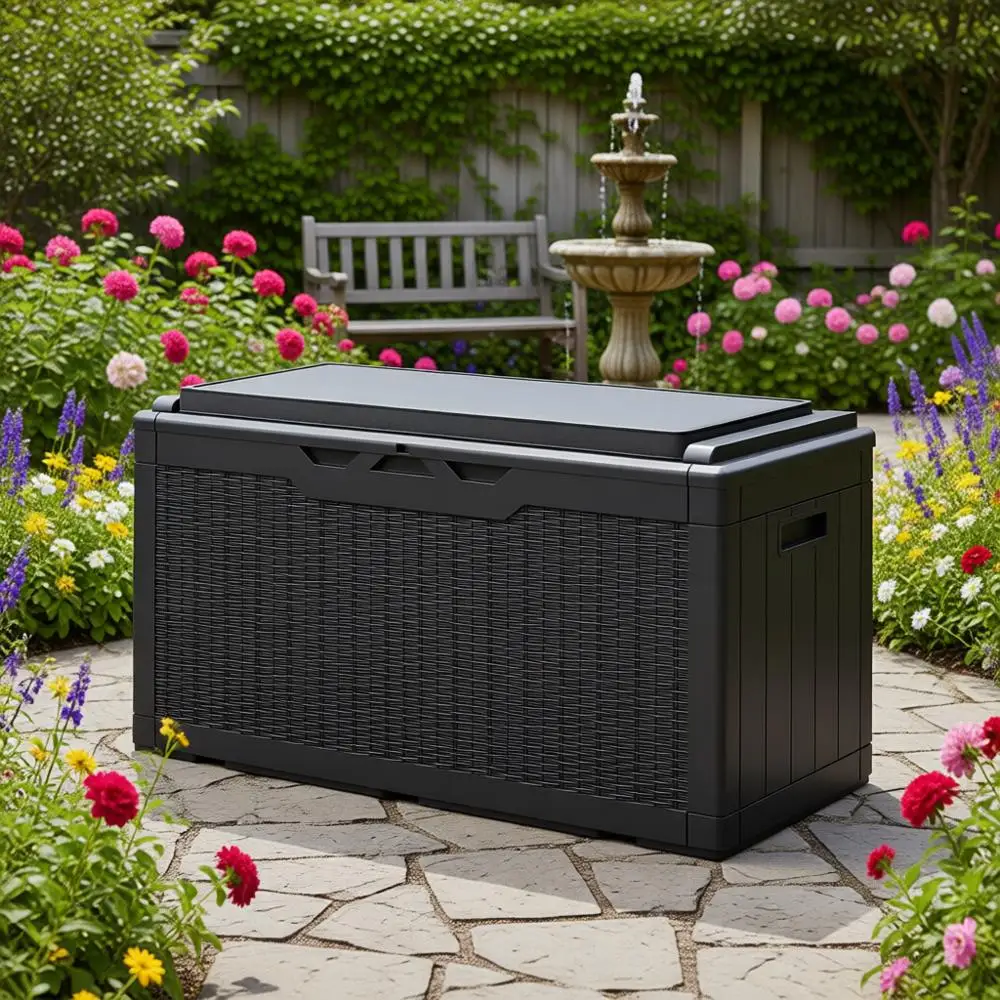 110 Gallon Waterproof Deck Storage Box for Outdoor Patio Furniture, Pool Accessories, Garden Tools, and Cushion Storage - Black